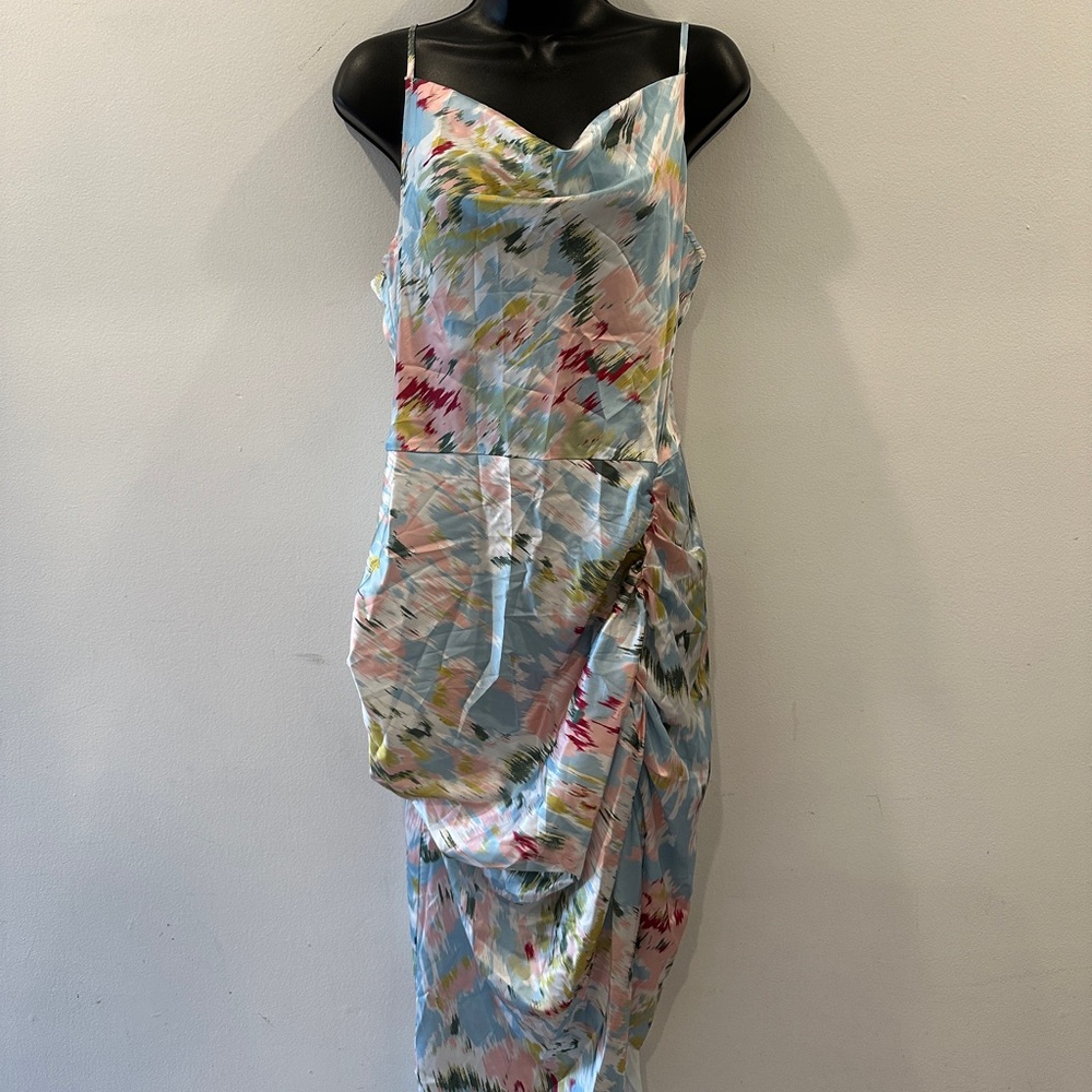 Cider Satin Blue and Pink Asymmetrical Sundress